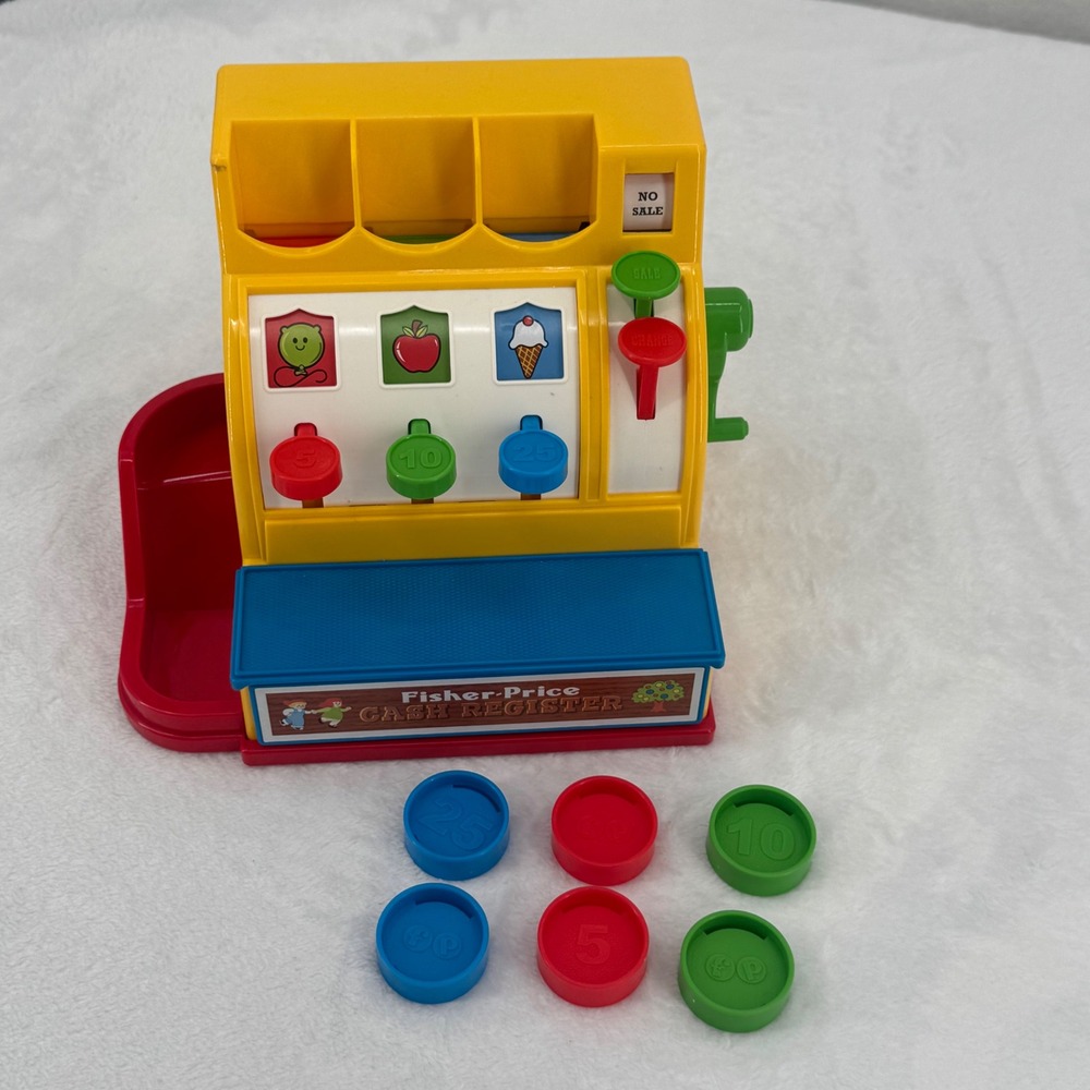 Fisher Price Classic Cash Register Toy 2015 Retro 1975 Design, 6 Coins, Works!